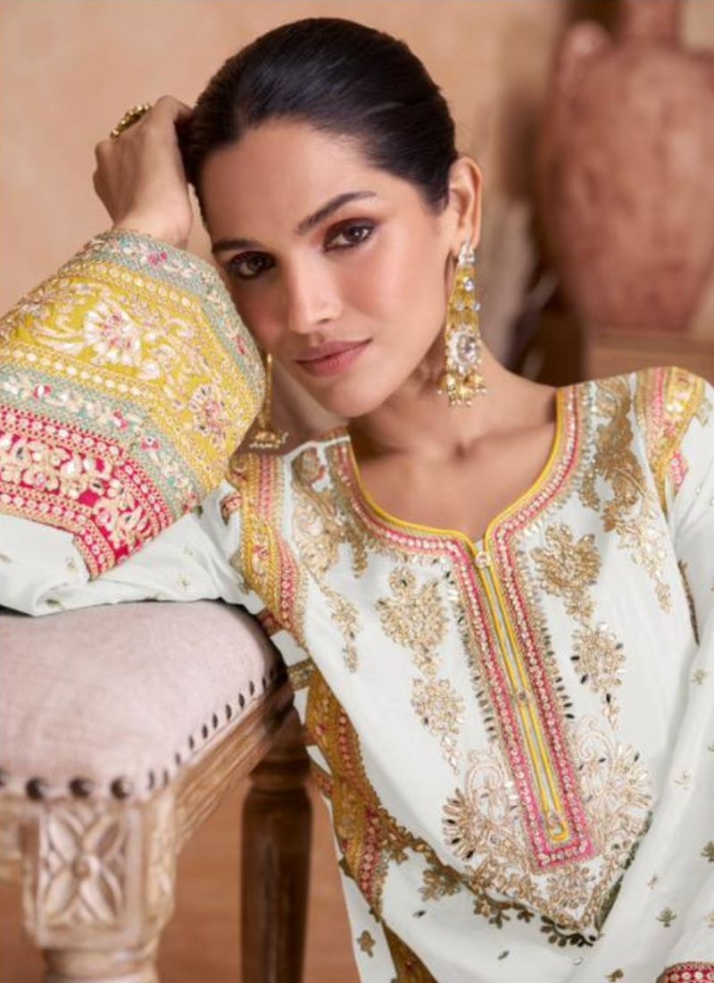 Premium Chinon embroidered palazzo suit in white