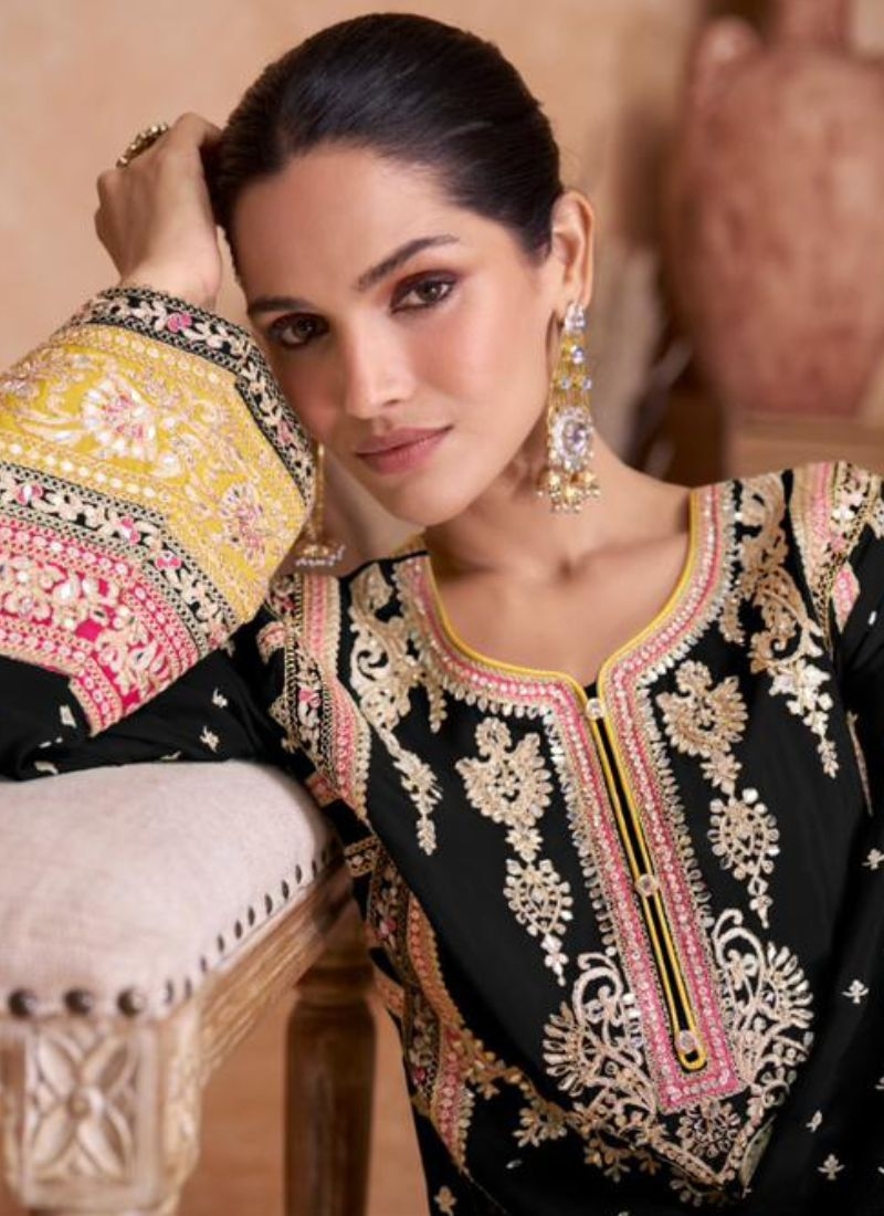 Premium Chinon embroidered palazzo suit in black