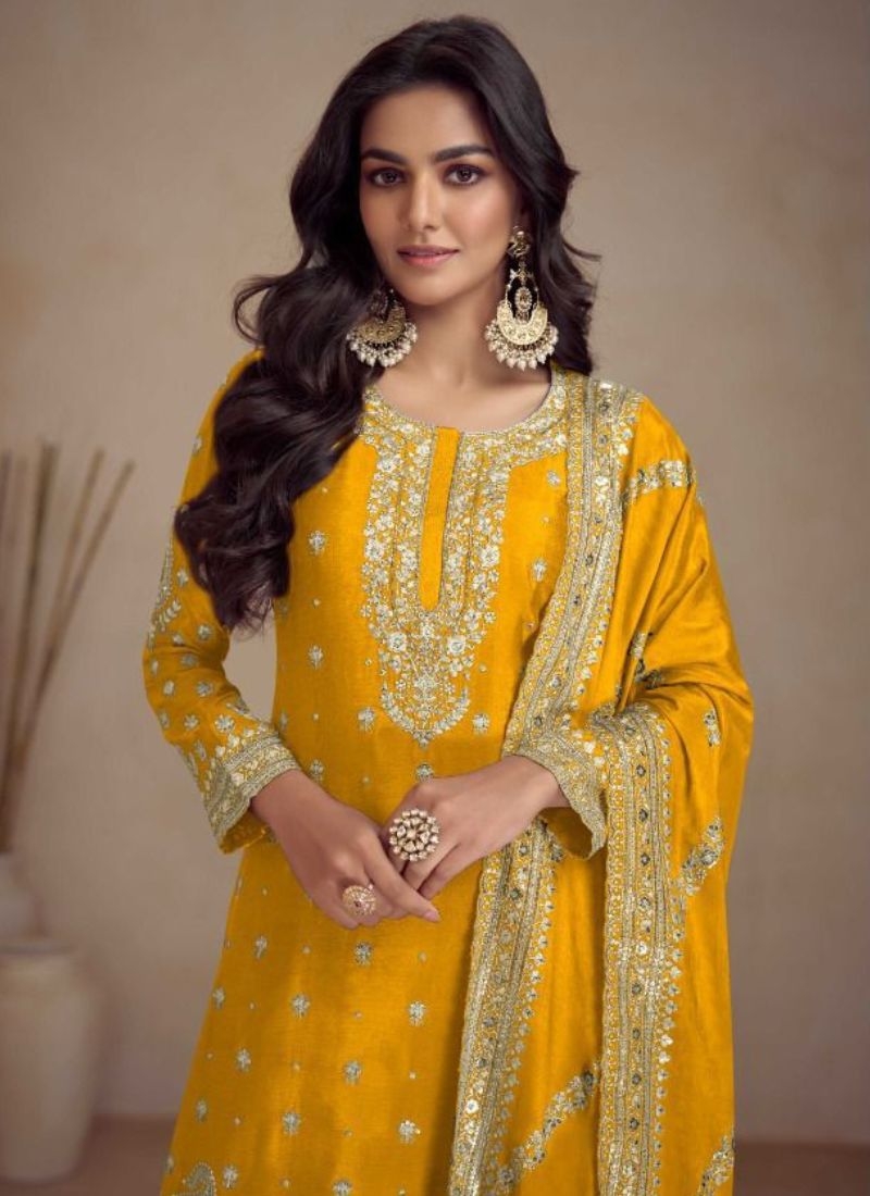 Hand embroidered palazzo suit & dupatta in yellow