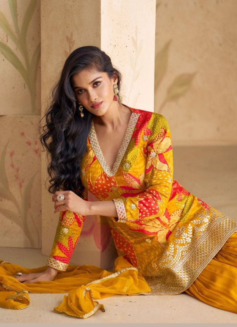 Digital printed Chinon sharara suit & dupatta in yellow