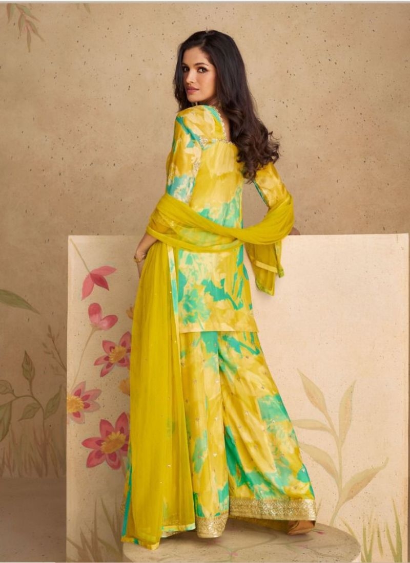 Digital printed Chinon sharara suit & dupatta in pastel yellow