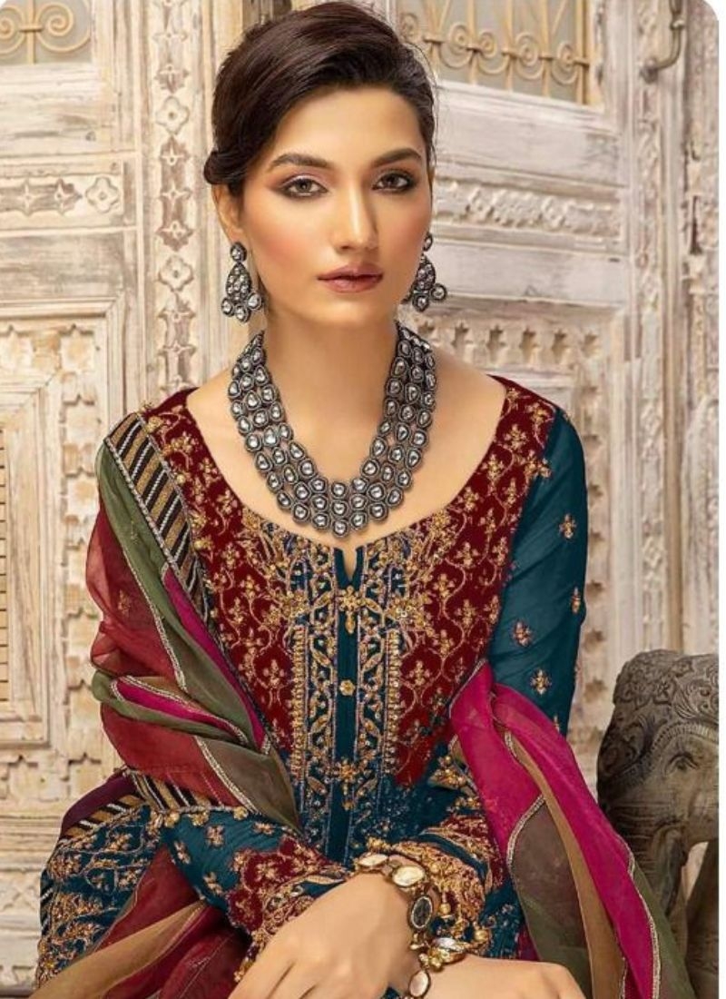 Beautiful embroidered georgette palazzo suit in dark blue