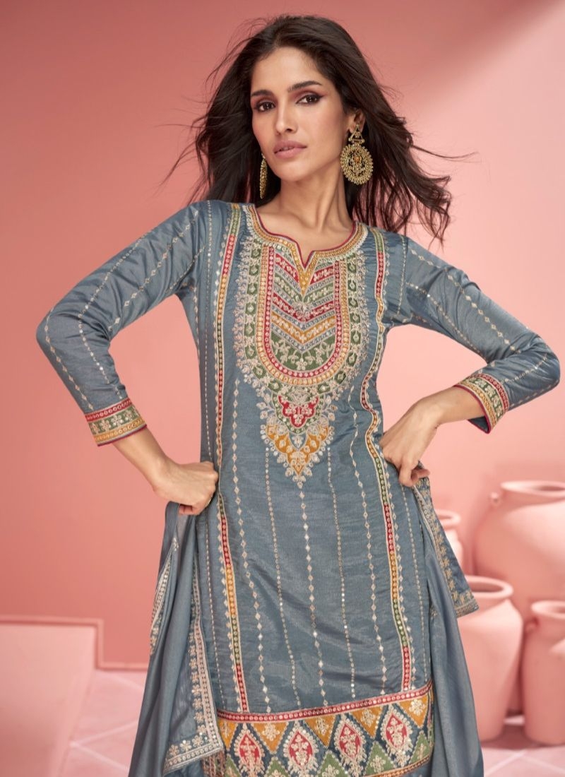 Stunning heavy embroidered wedding palazzo suit grey