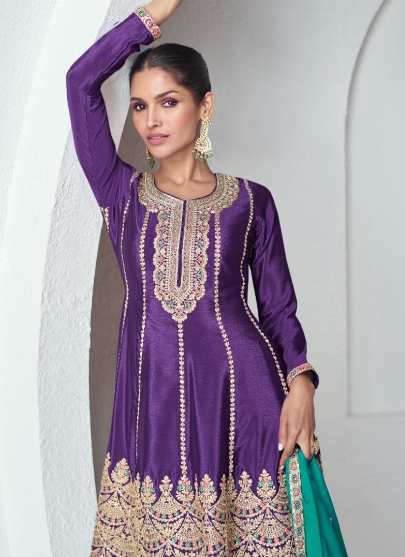 Exquisite embroidered silk straight palazzo suit in dark purple