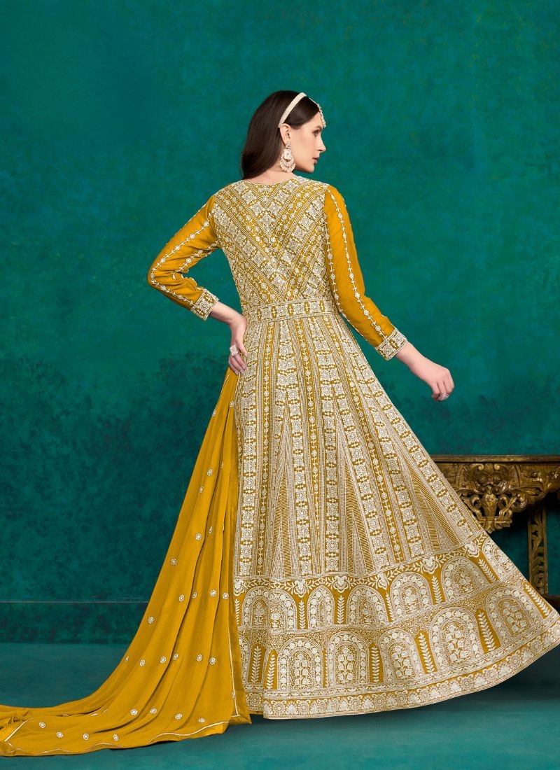 Designer embroidered faux georgette gown & dupatta in yellow