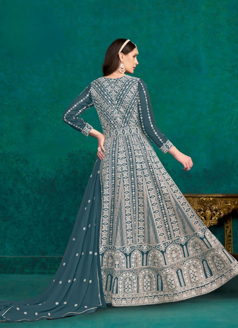 Designer embroidered faux georgette gown & dupatta in dark blue