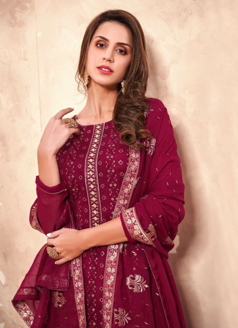 Beautiful embroidered georgette pant suit in maroon