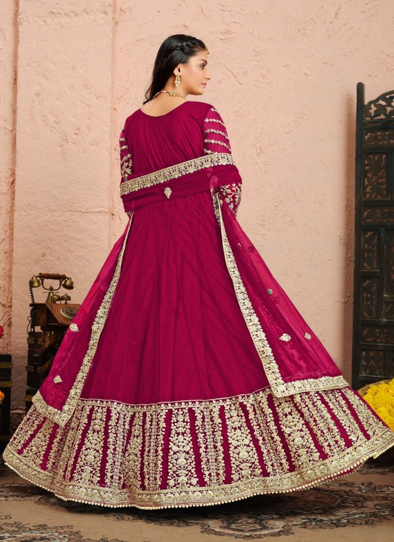 Gorgeous embroidered heavy net gown with dupatta in dark pink