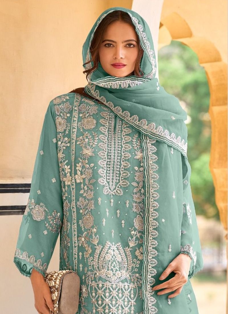 Stunning embroidered silk pantsuit & dupatta in light green