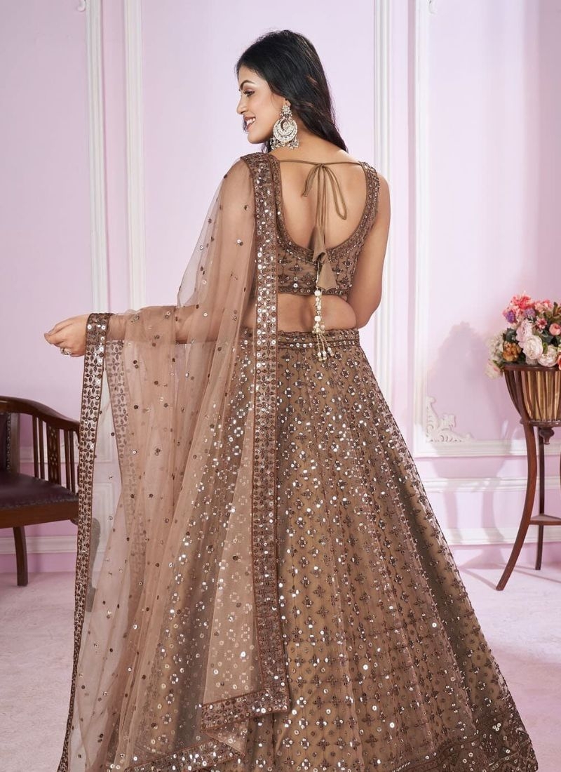 Exquisite embroidered georgette lehenga choli with net dupatta in brown