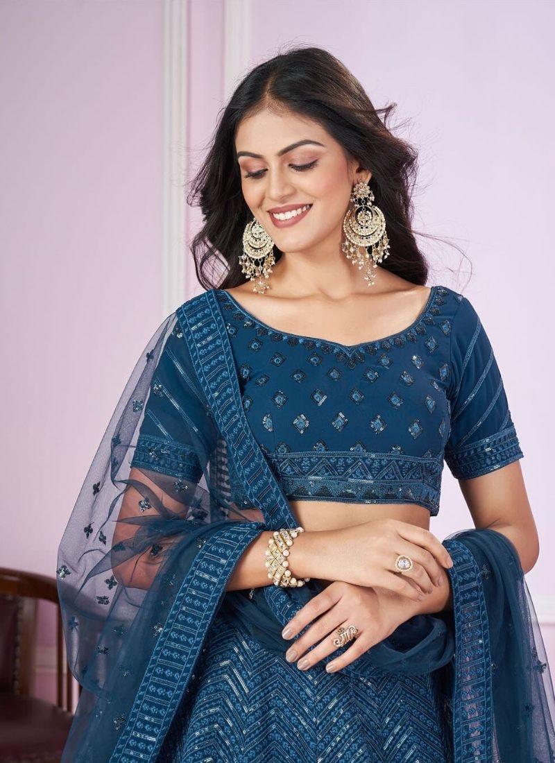 Exquisite embroidered georgette lehenga choli with net dupatta in royal blue