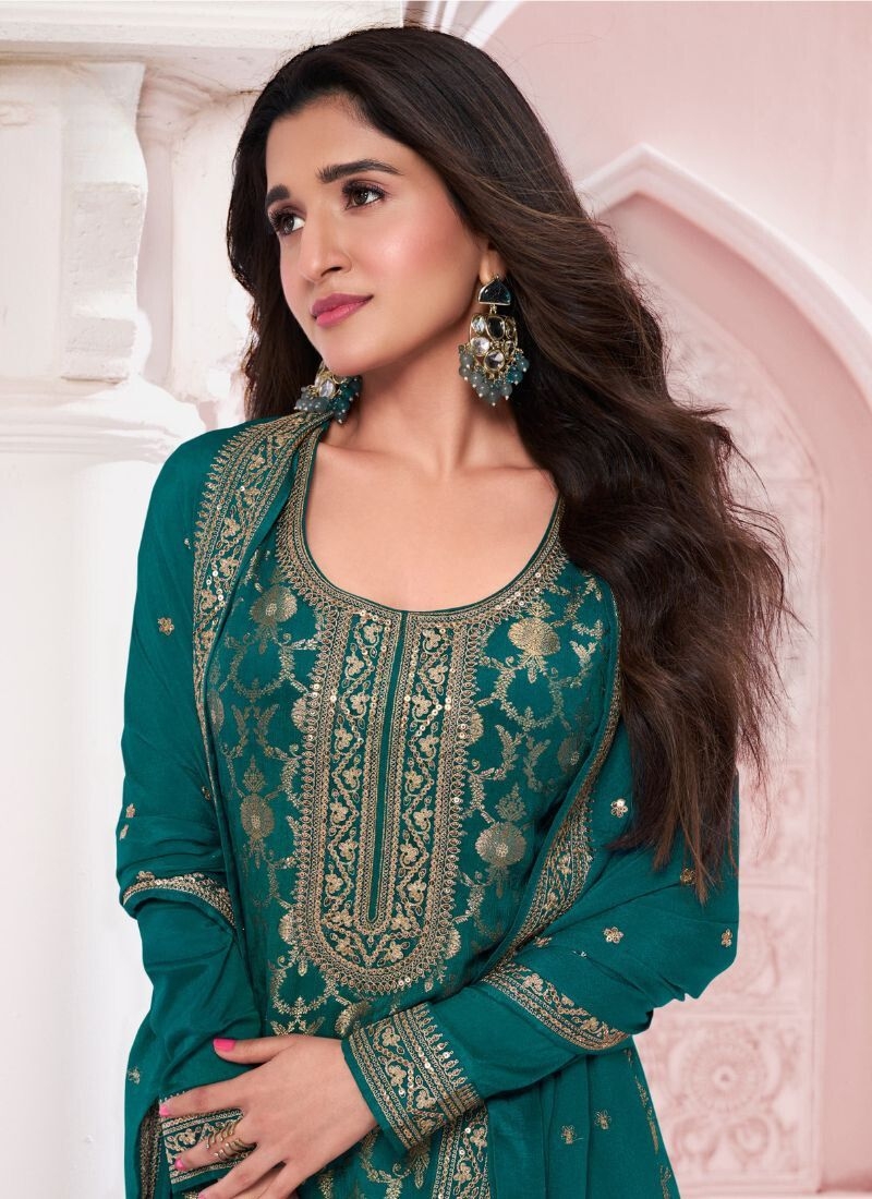 Designer embroidered Chinon pantsuit in dark green