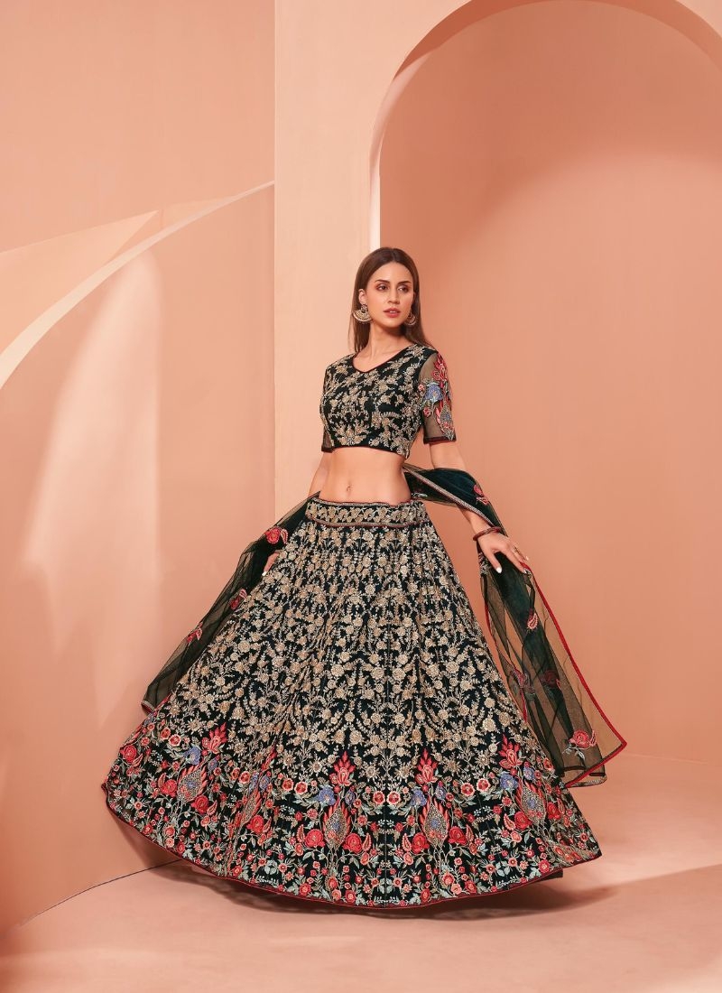 Gorgeous thread embroidered silk lehenga choli in black