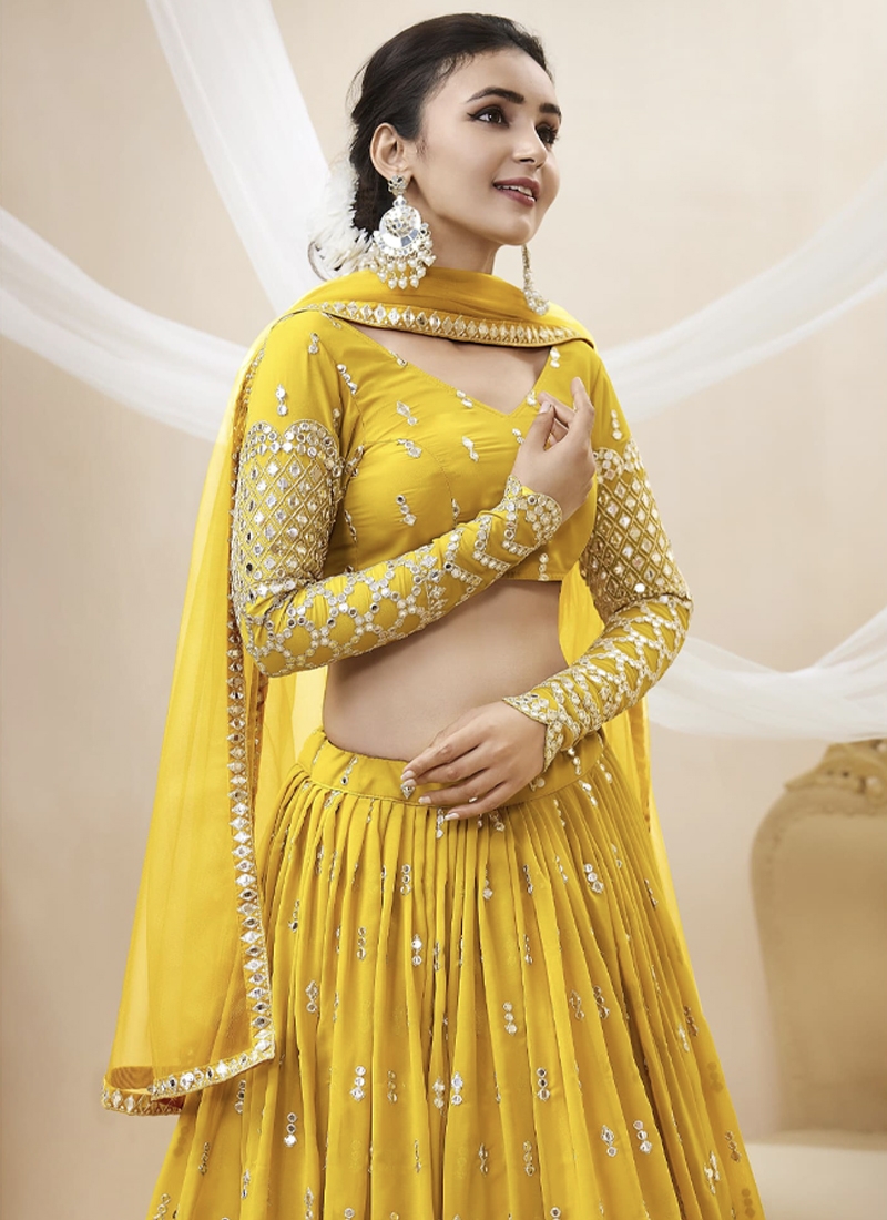 Reception Wear Georgette Fabric Embroidered Lehenga Choli in yellow