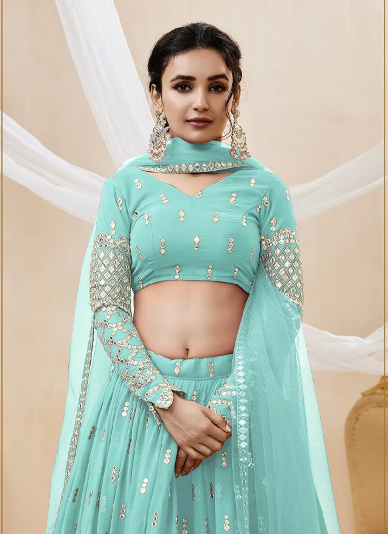 Reception Wear Georgette Fabric Embroidered Lehenga Choli in sky blue