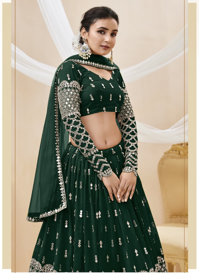 Reception Wear Georgette Fabric Embroidered Lehenga Choli in dark green