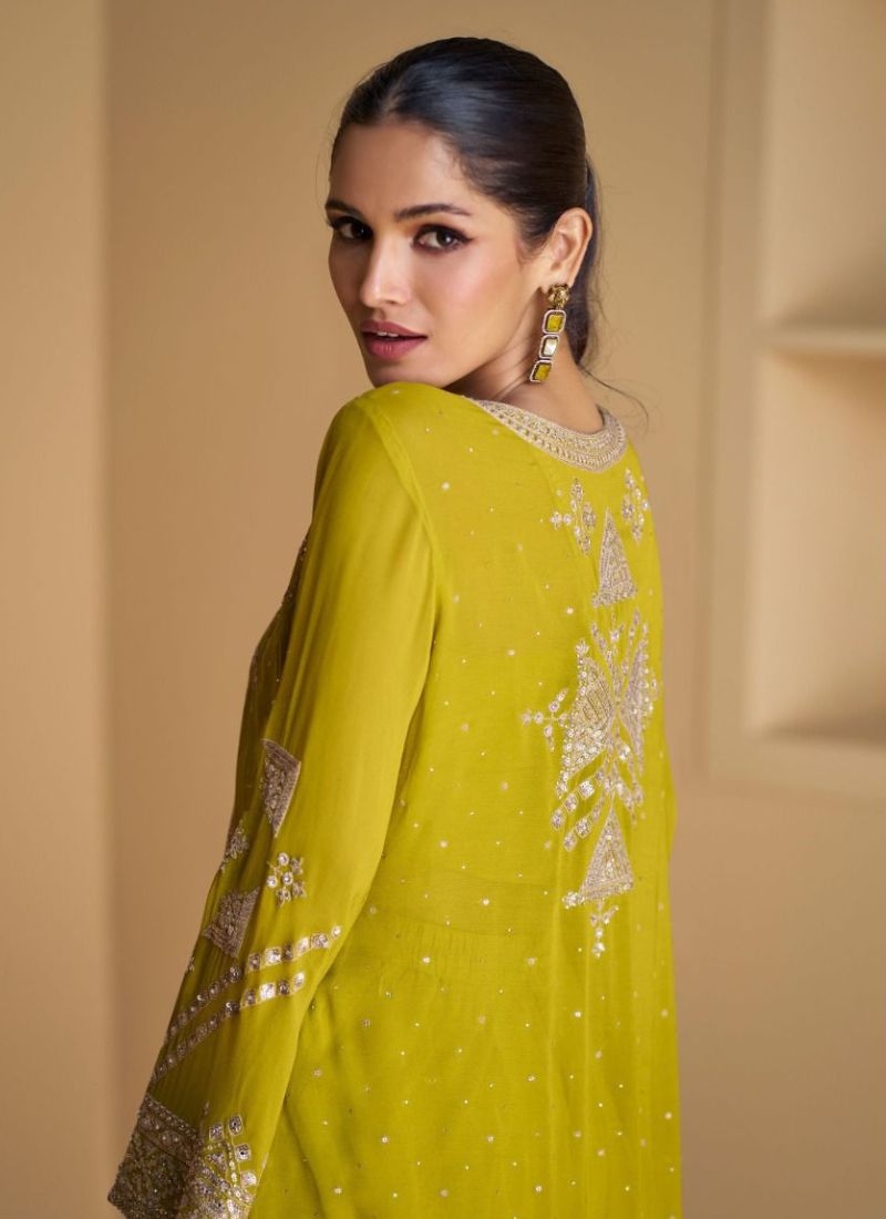 Beautiful embroidered georgette crop top set with jacket in yellow