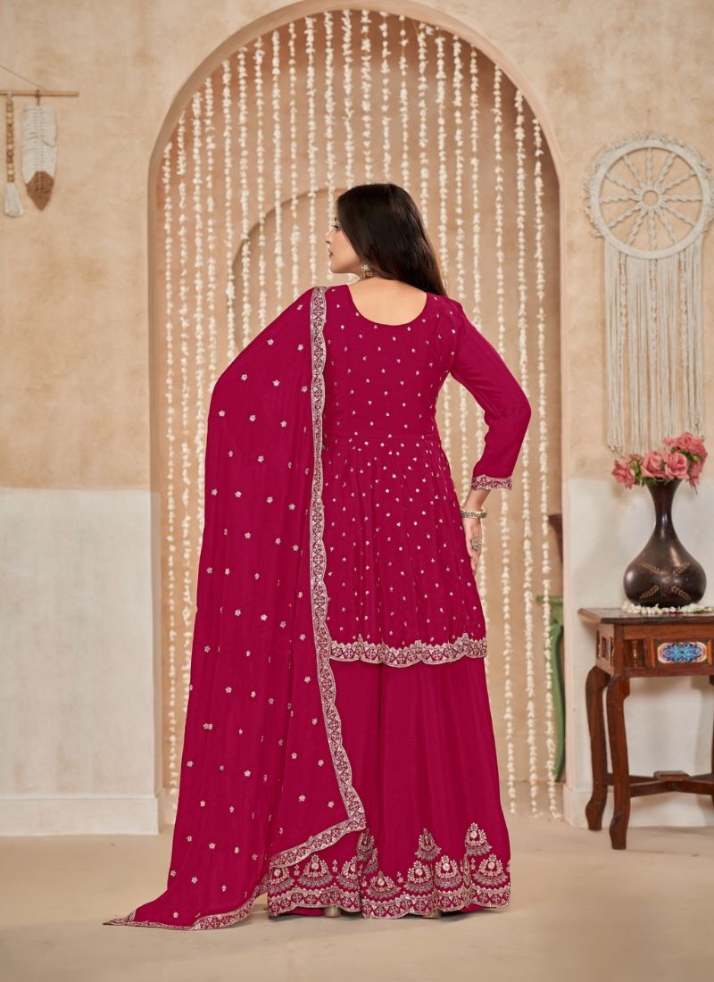 Designer mirror embroidered chinon sharara suit in dark pink