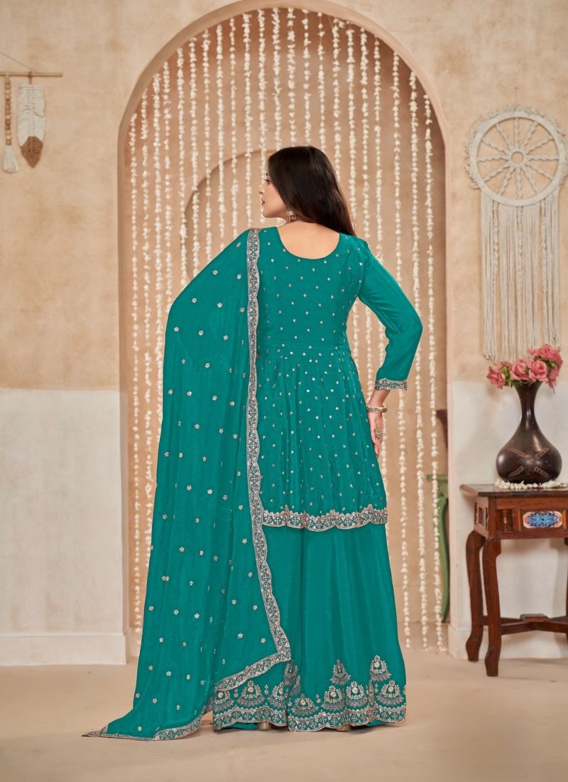 Designer mirror embroidered chinon sharara suit in green