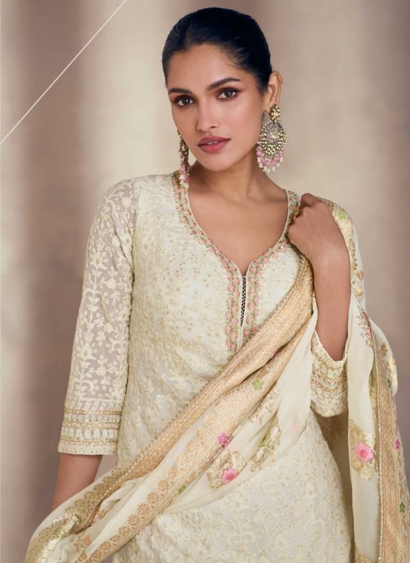 Exquisite embroidered premium silk sharara suit in white