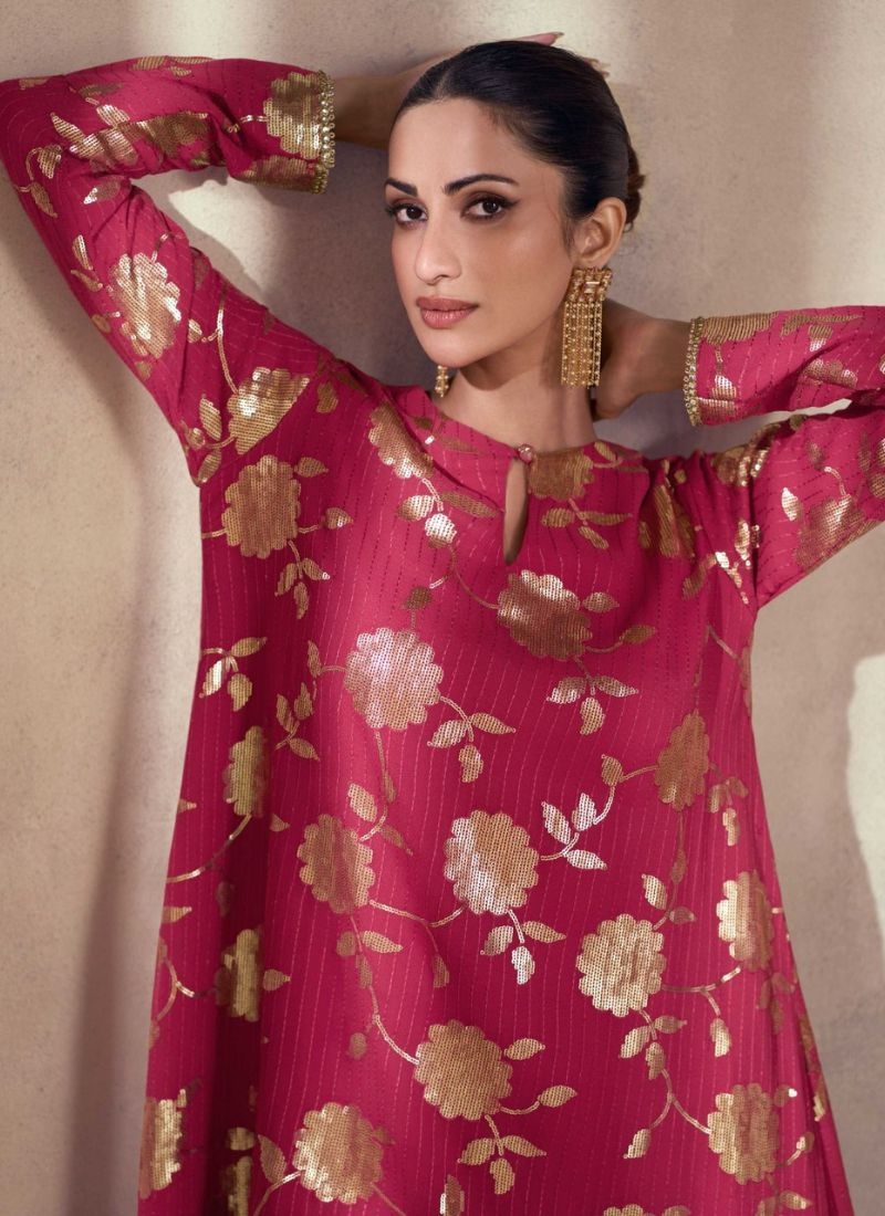 Exquisite embroidered premium silk sharara suit in red