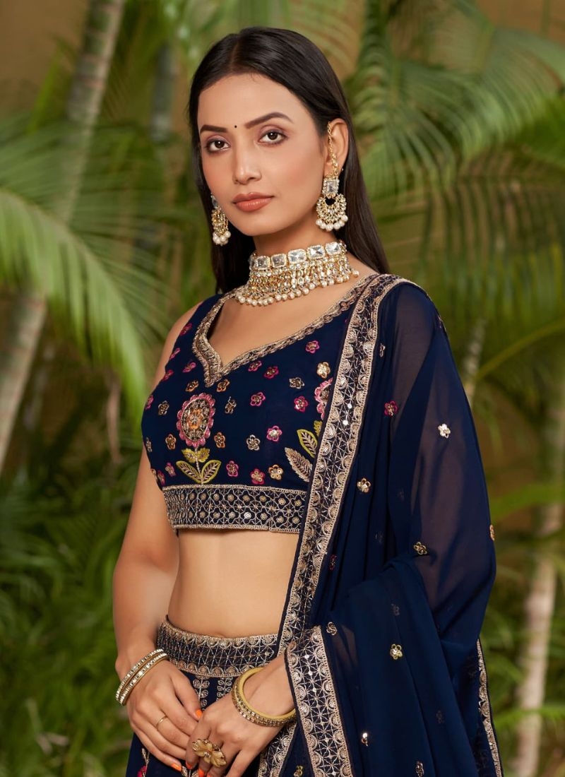 Gorgeous embroidered georgette lehenga choli in dark blue