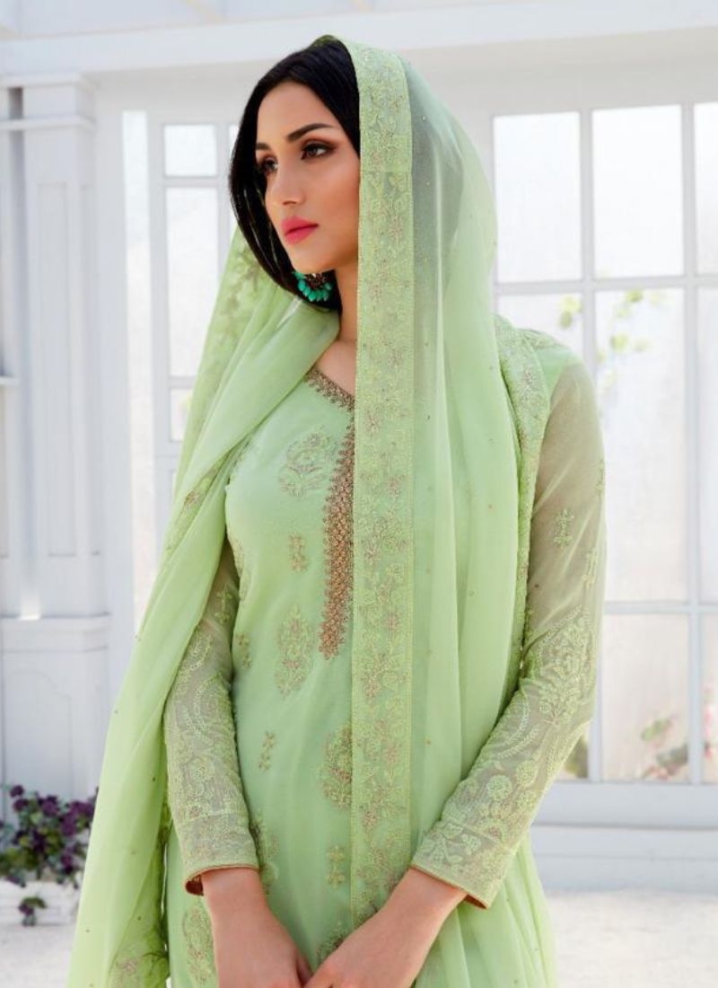 Stunning embroidered sharara suit in light green