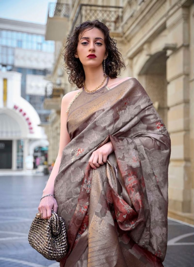 Exquisite digital printed silk saree in brown