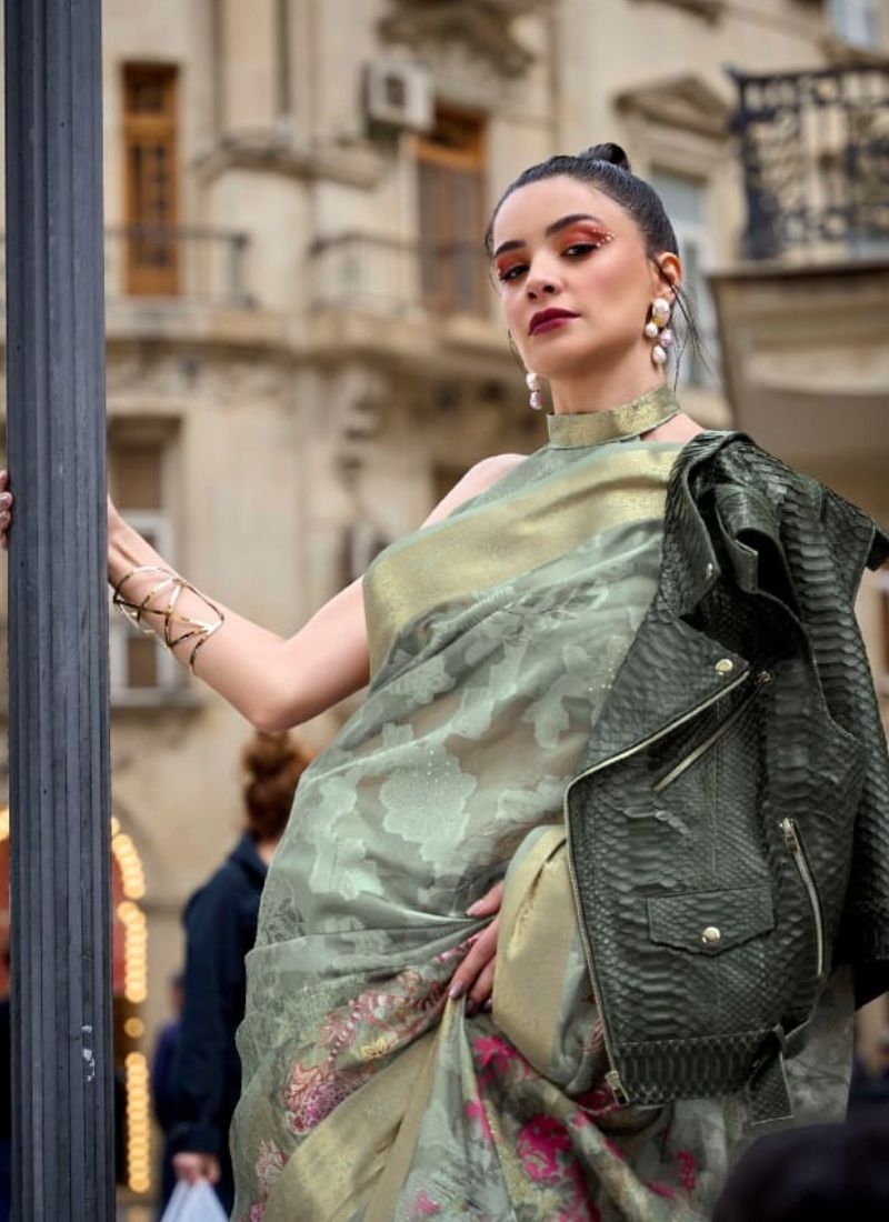 Exquisite digital printed silk saree in dark green