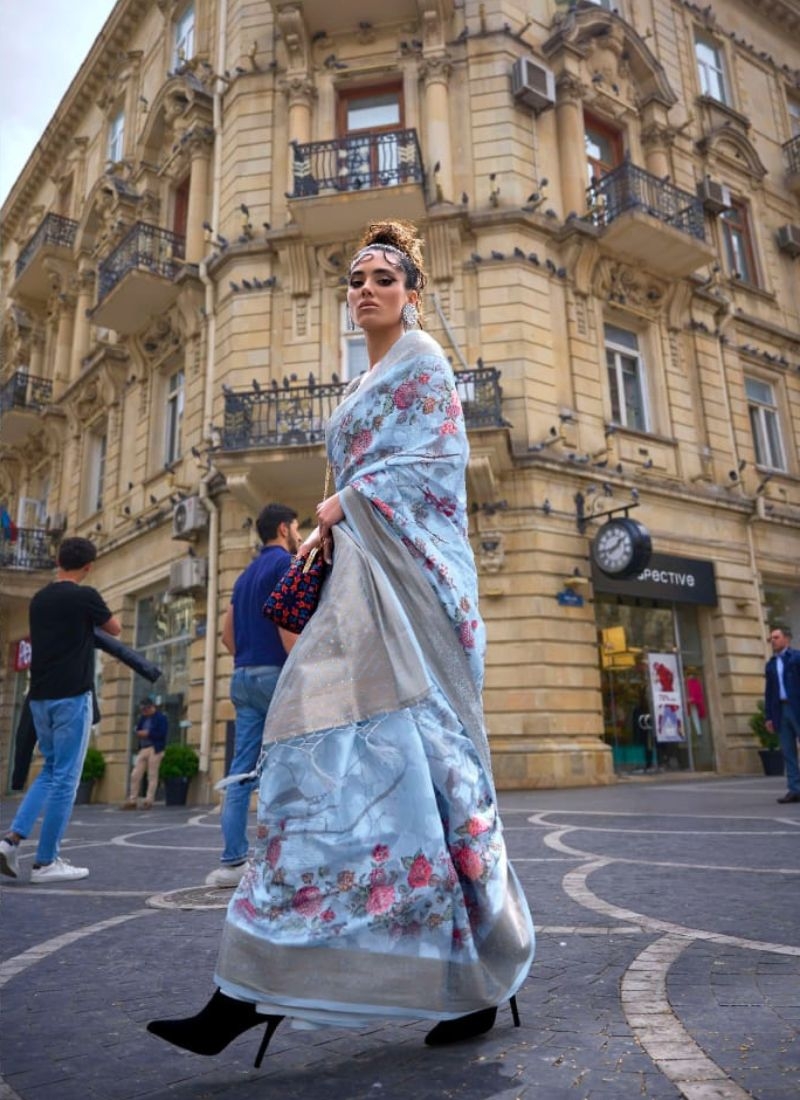 Exquisite digital printed silk saree in blue