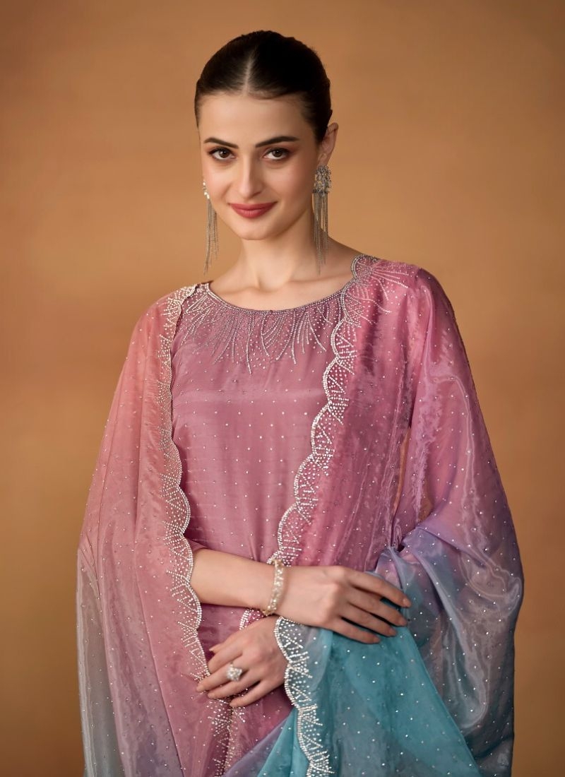 Designer crystal embroidered kurta pant suit in pink