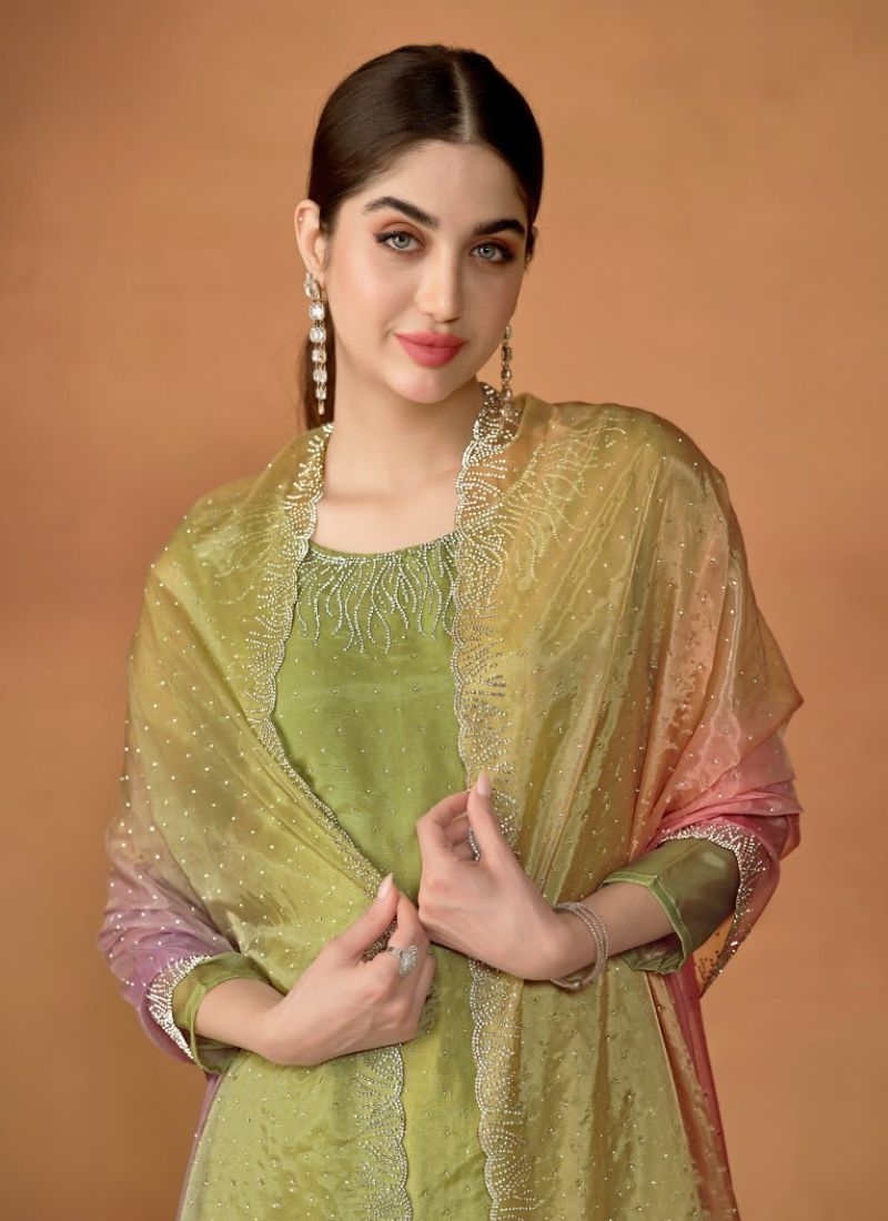 Designer crystal embroidered kurta pant suit in green