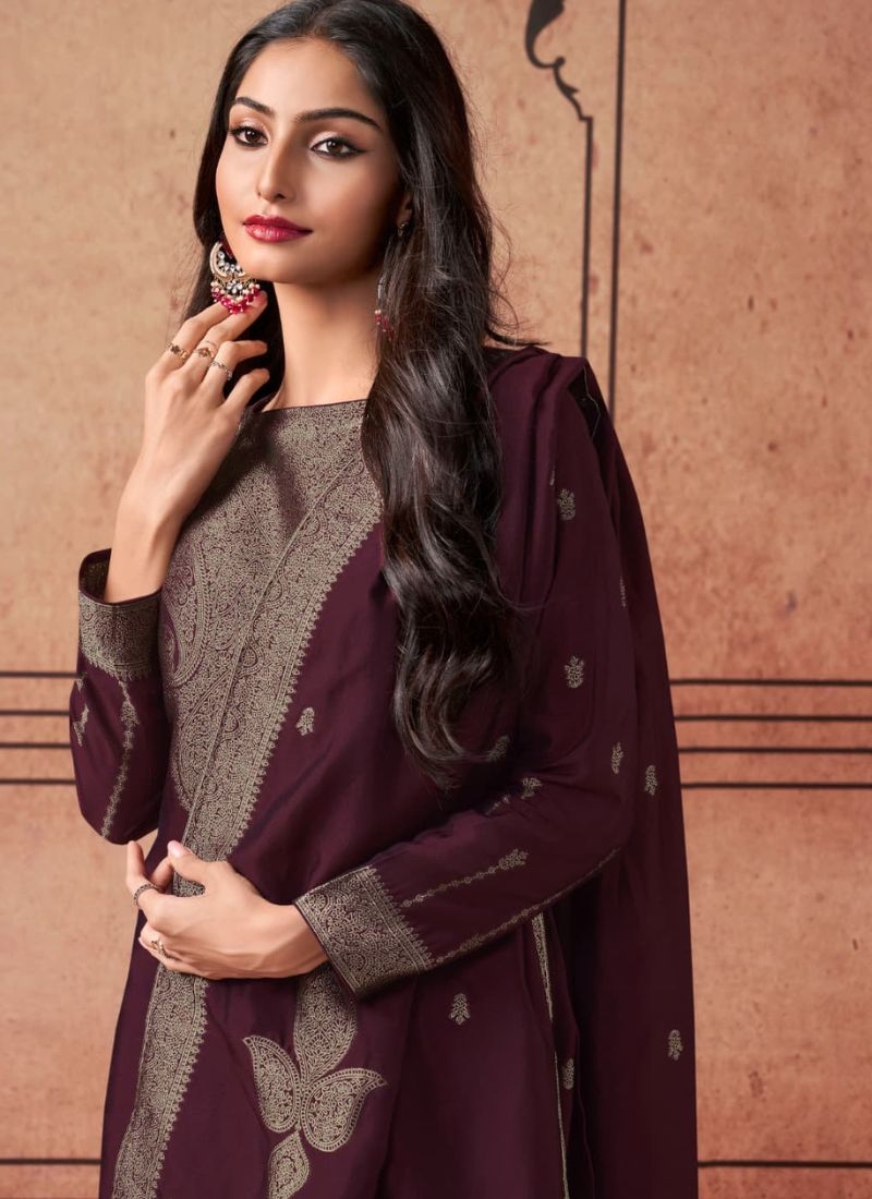 Beautiful jacquard printed silk kurta pant suit in maroon