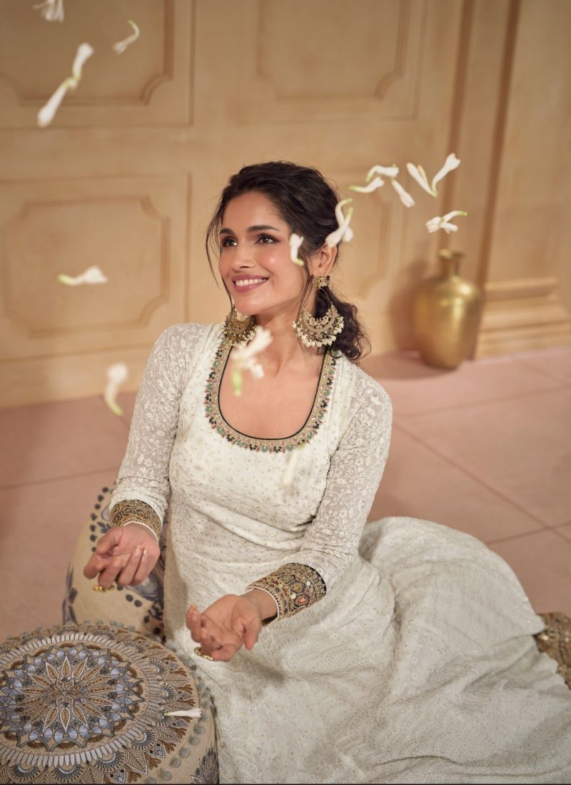 Beautiful embroidered georgette Anarkali suit in cream