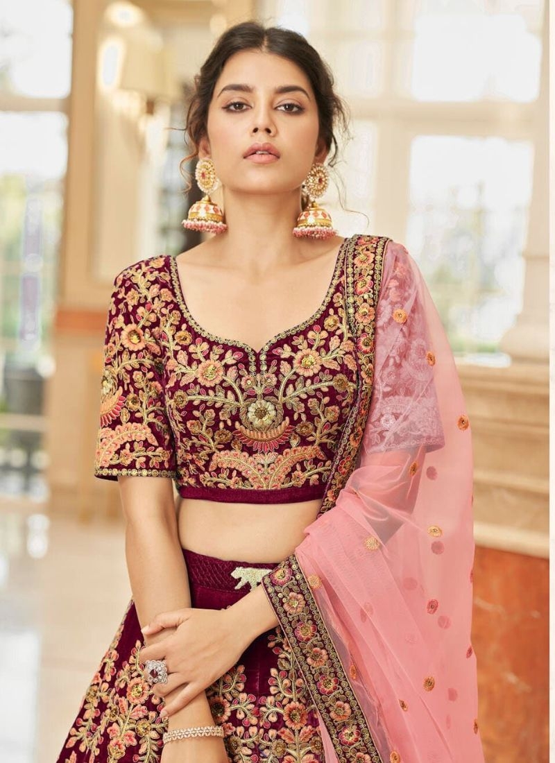 Beautiful lehenga with embroidered dupatta in maroon