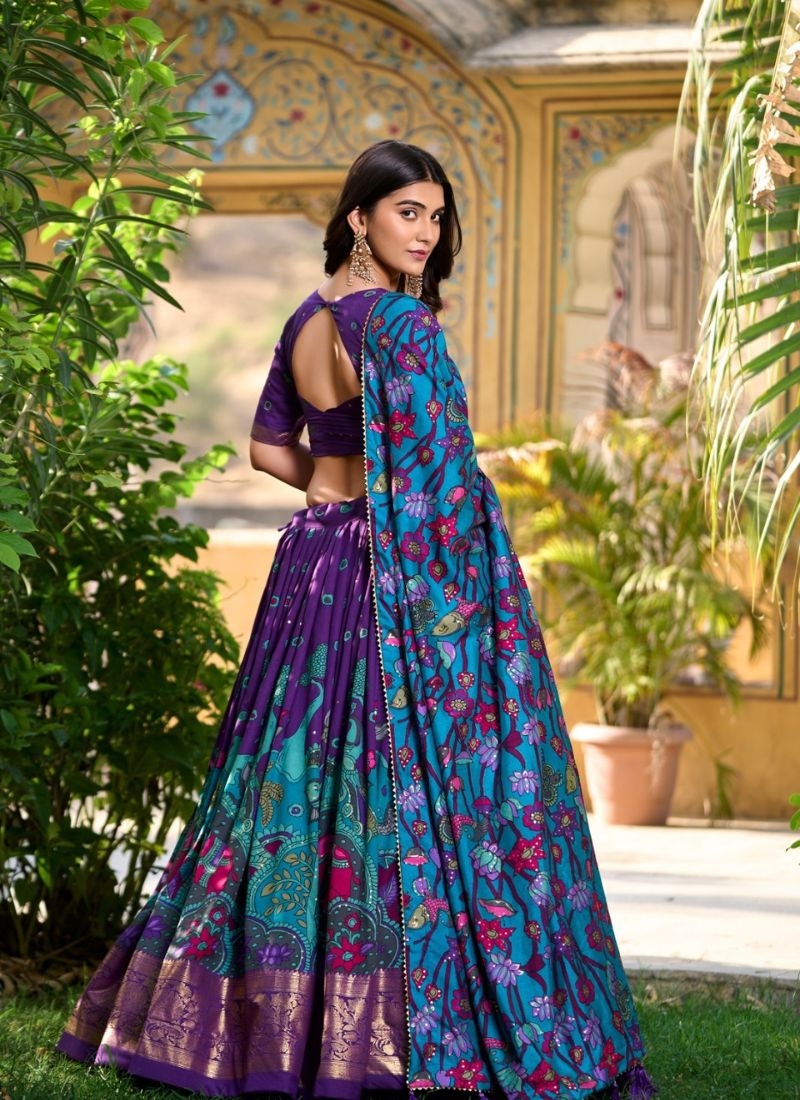 Stunning printed silk lehenga choli in dark blue