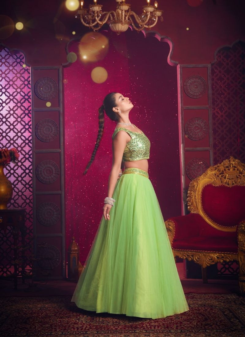 Designer embroidered net lehenga choli in light green