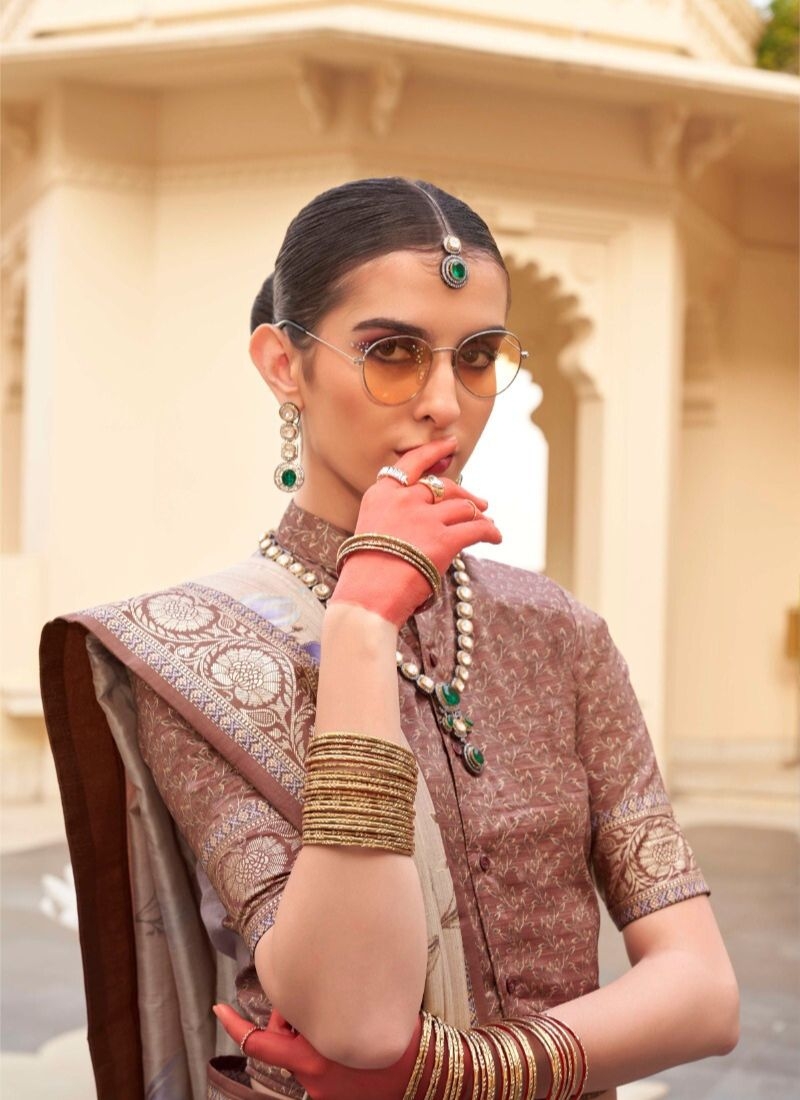 Gorgeous floral printed silk saree in beige