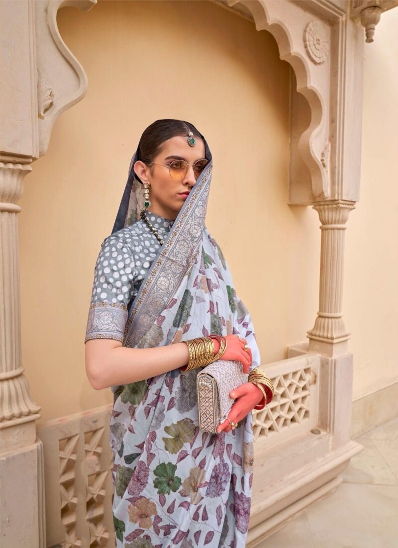 Gorgeous floral printed silk saree in light grey