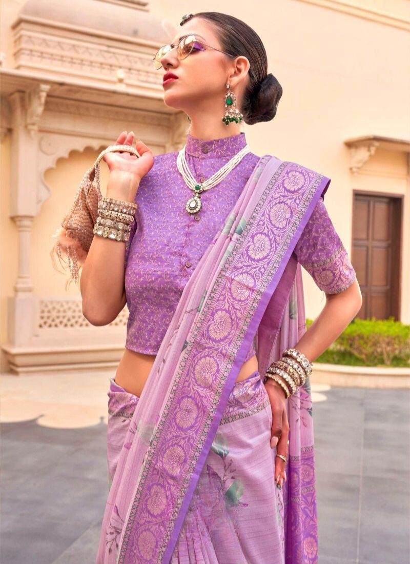 Gorgeous floral printed silk saree in pink