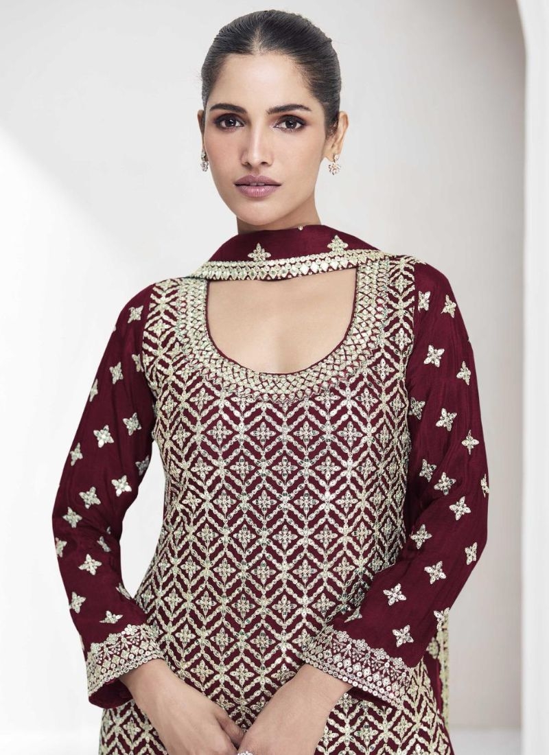 Trendy thread embroidered sharara suit in maroon