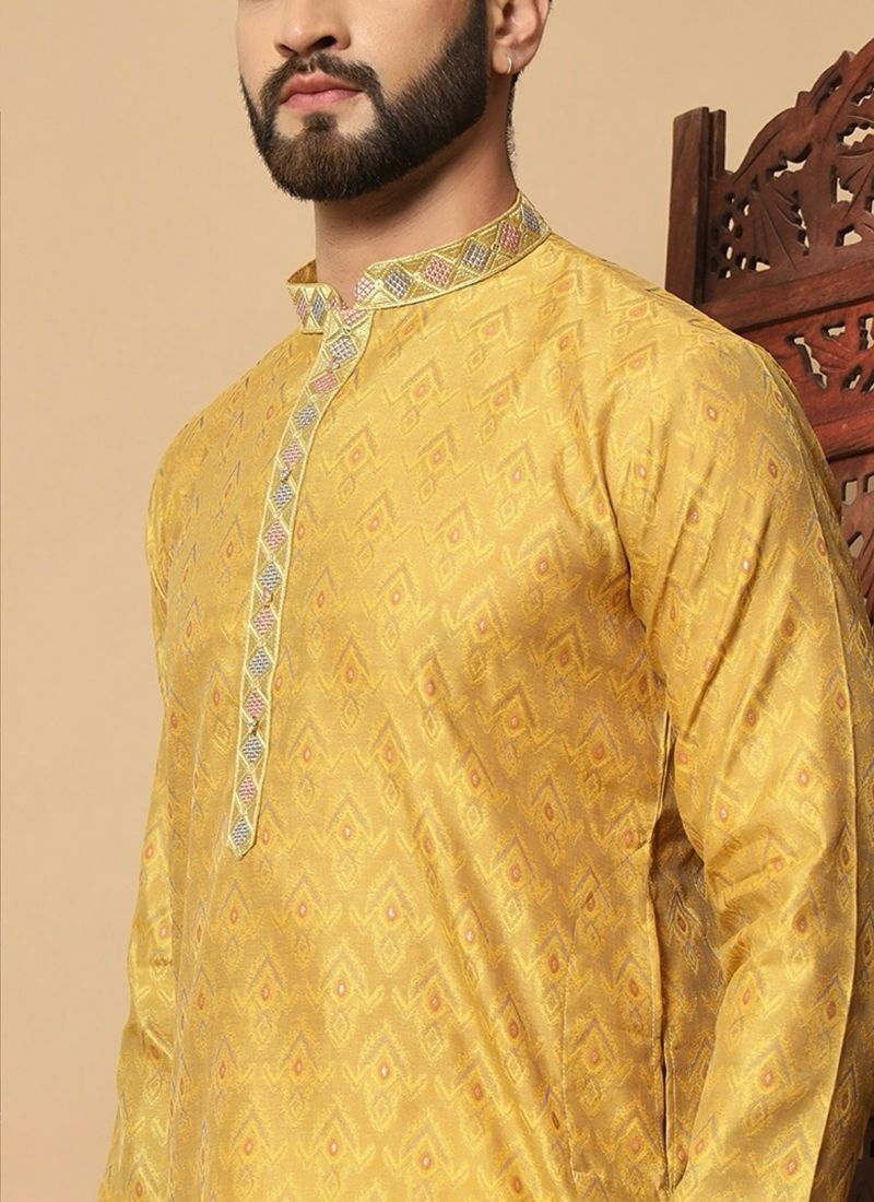 New jacquard printed cotton kurta pajama suit for men in yellow