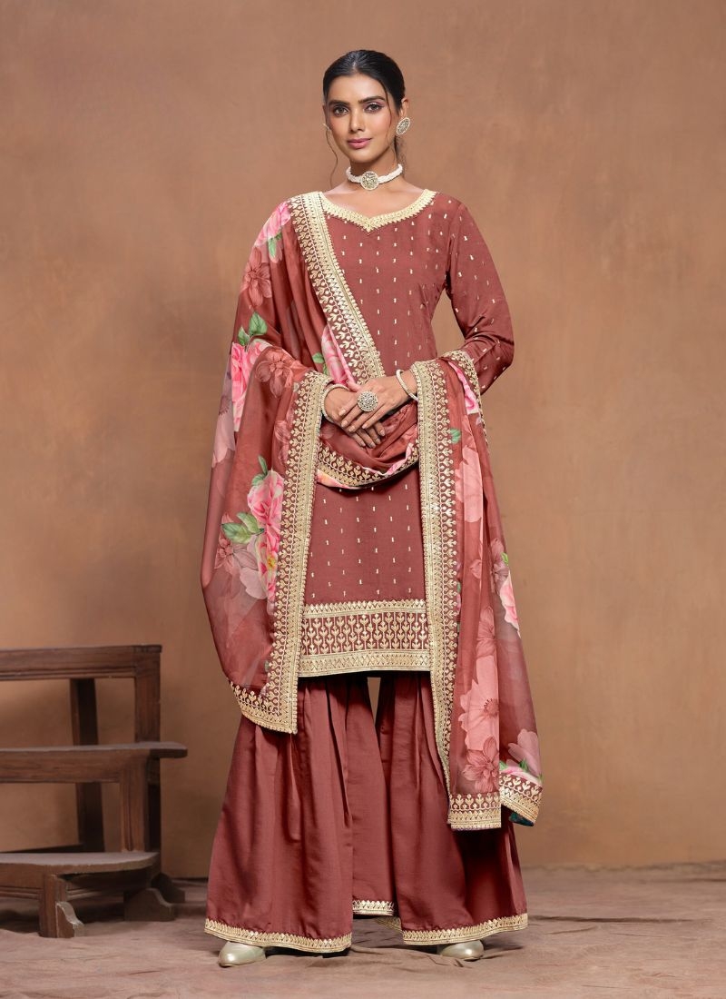 Trendy embroidered silk sharara suit in brown