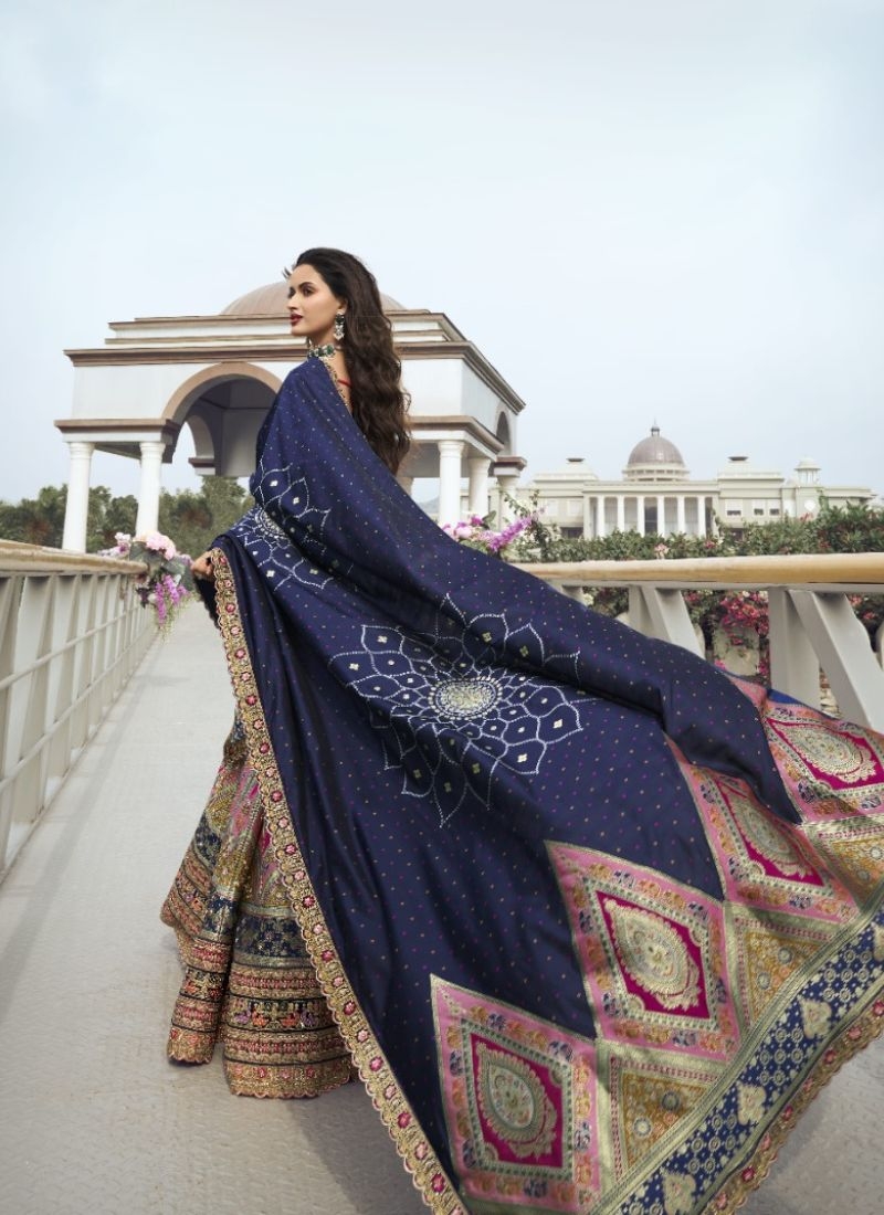 Stunning embroidered banarasi silk lehenga choli in dark blue