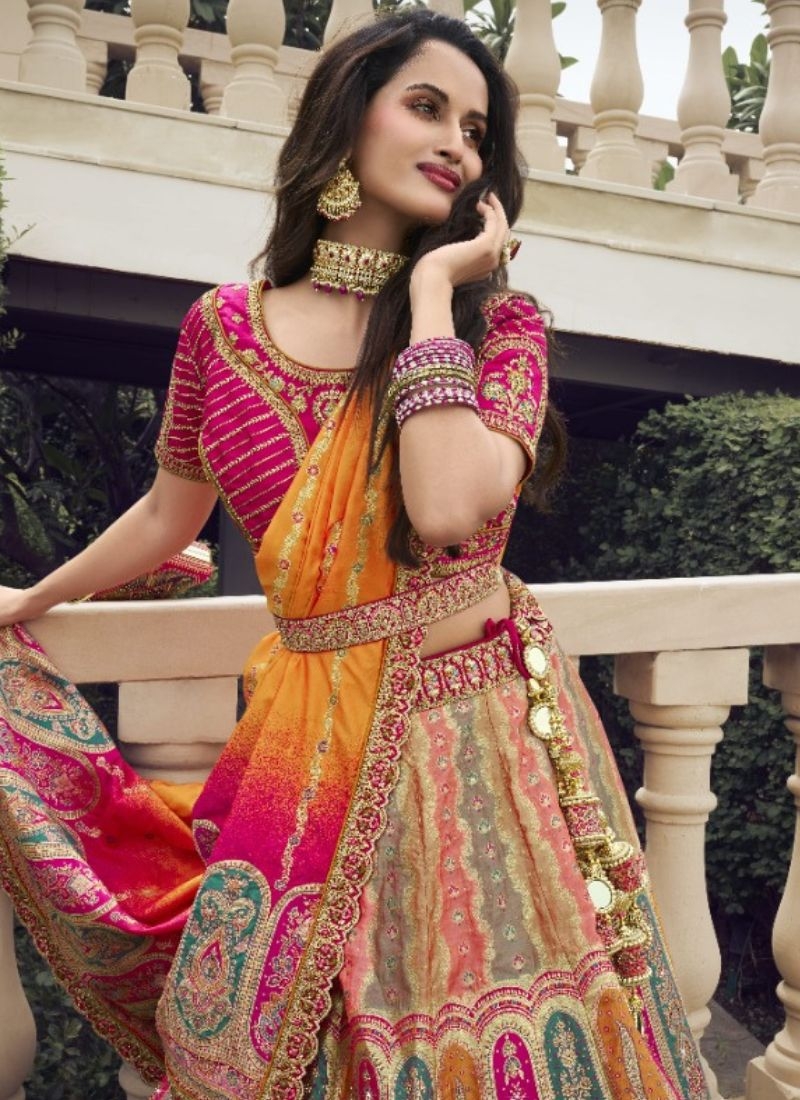 Stunning embroidered banarasi silk lehenga choli in pink