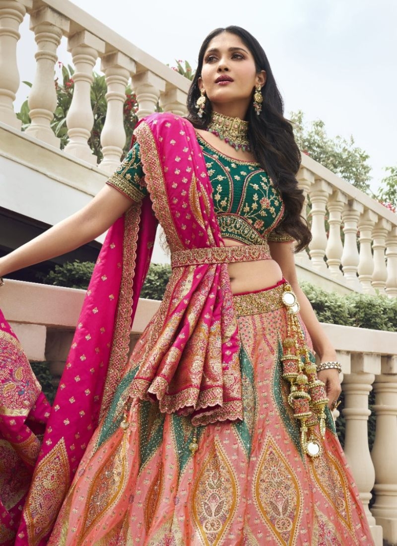 Stunning embroidered banarasi silk lehenga choli in baby pink