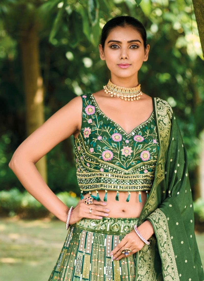 Exquisite thread weaving silk lehenga choli in dark green