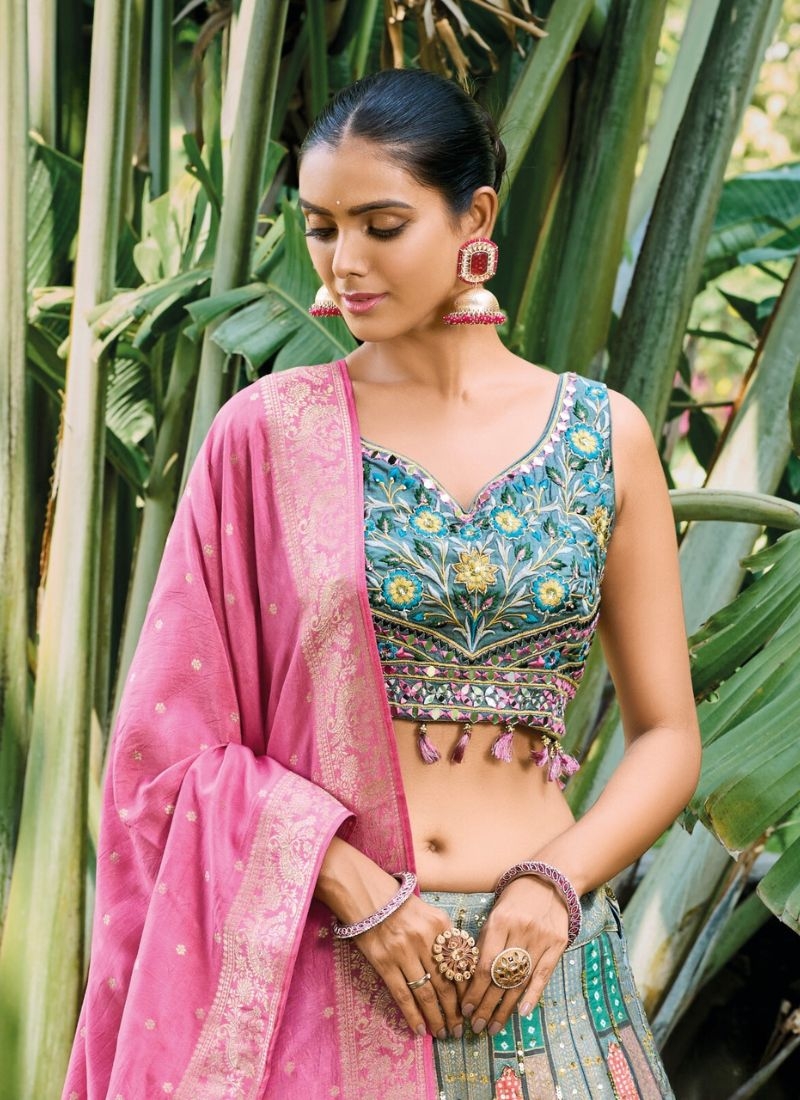 Exquisite thread weaving silk lehenga choli in light blue