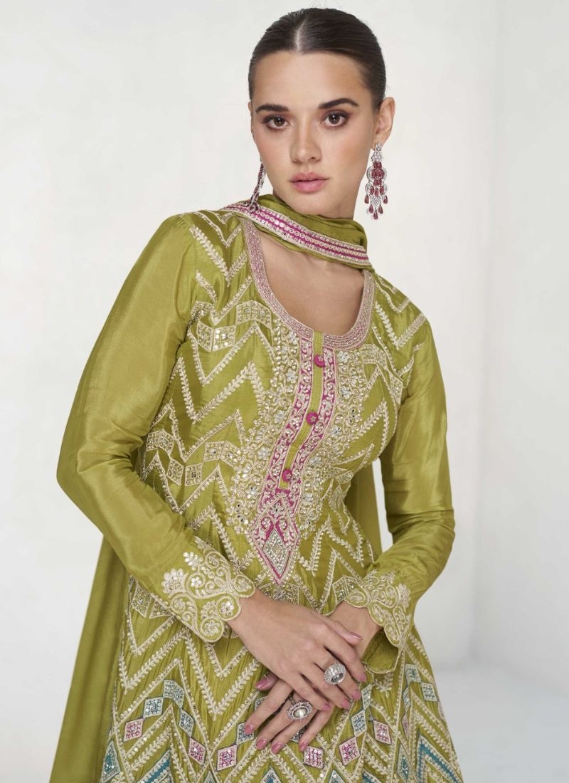 Beautiful embroidered Chinon palazzo suit in green