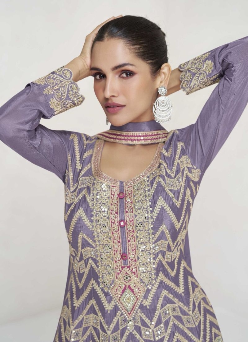 Beautiful embroidered Chinon palazzo suit in purple